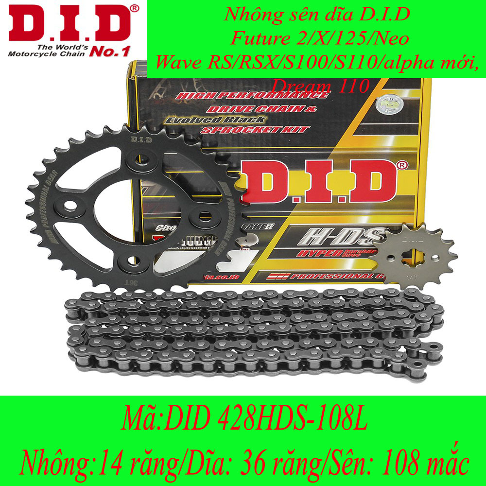 Nhông sên dĩa did cho xe máy future 2/x/125/neo, wave rs/rsx/s100/s110/alpha mới, dream 110