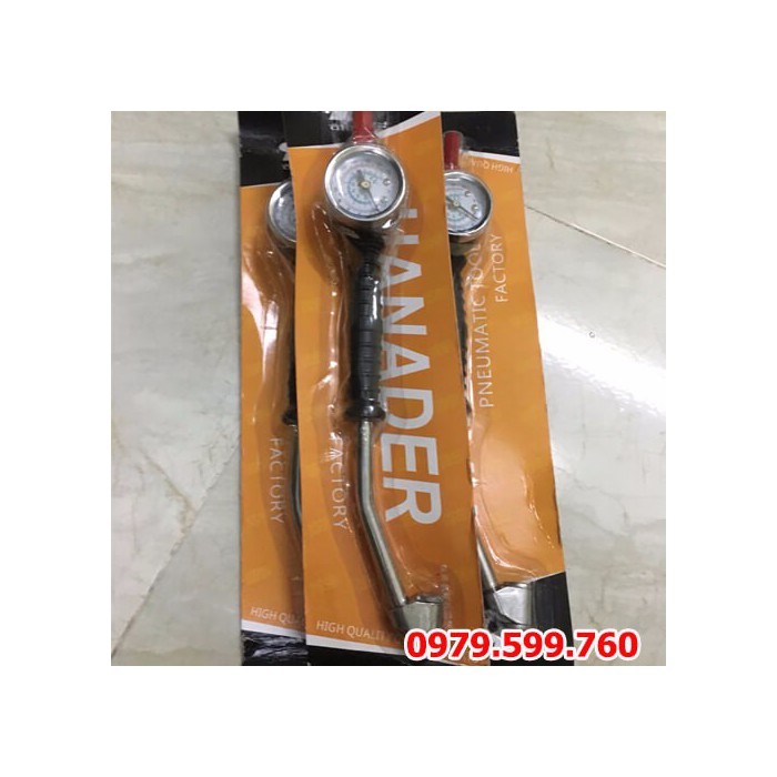 Tay bơm lốp cong, 2 đầu, có đồng hồ