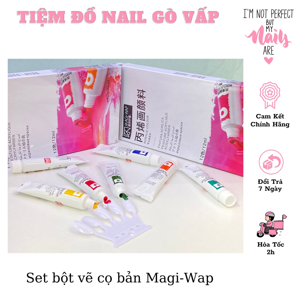 Set Bột Vẽ Cọ Bản Nail 3D 12 Màu MAGI-WAP