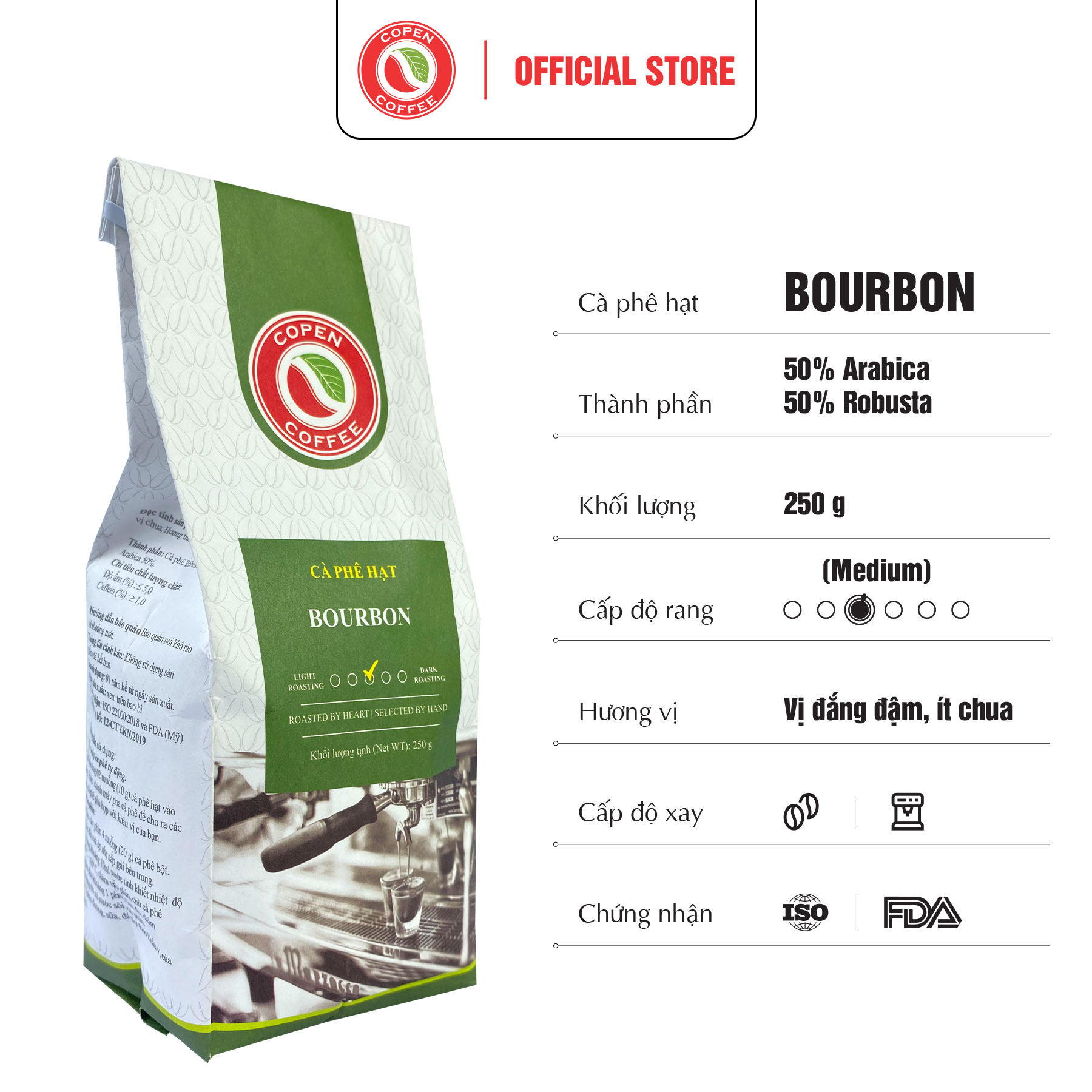 Cà phê hạt Bourbon gói 250g - Rang vừa - Đắng đậm, chua thanh - Pha máy/pha phin - Copen Coffee