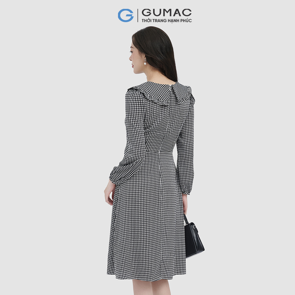 Đầm lụa họa tiết bâu nơ cổ lá GUMAC DC09092