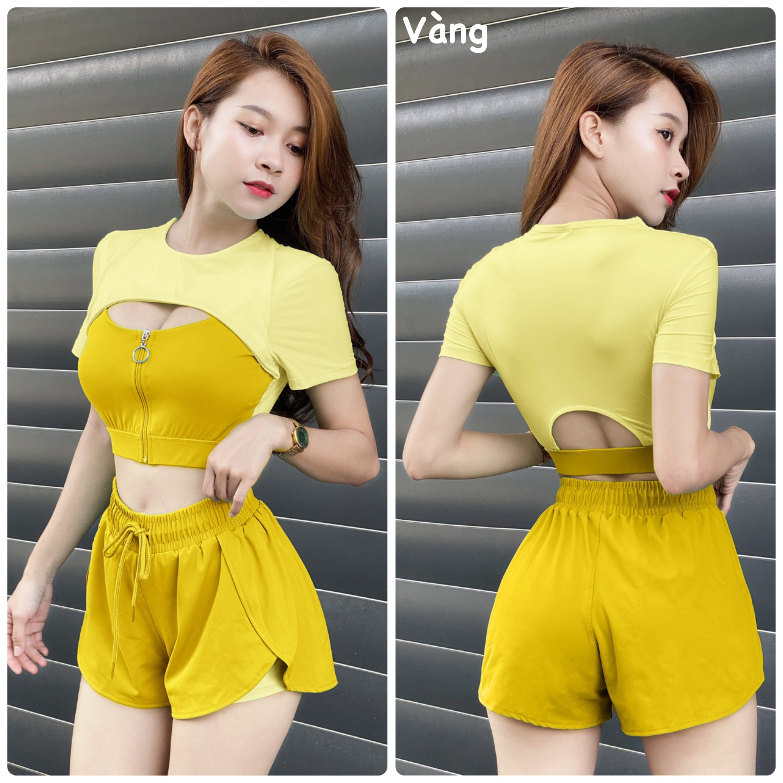 Set ngắn thể thao nữ boxer 2 lớp áo croptop cut ngực phối dây kéo cực ngầu