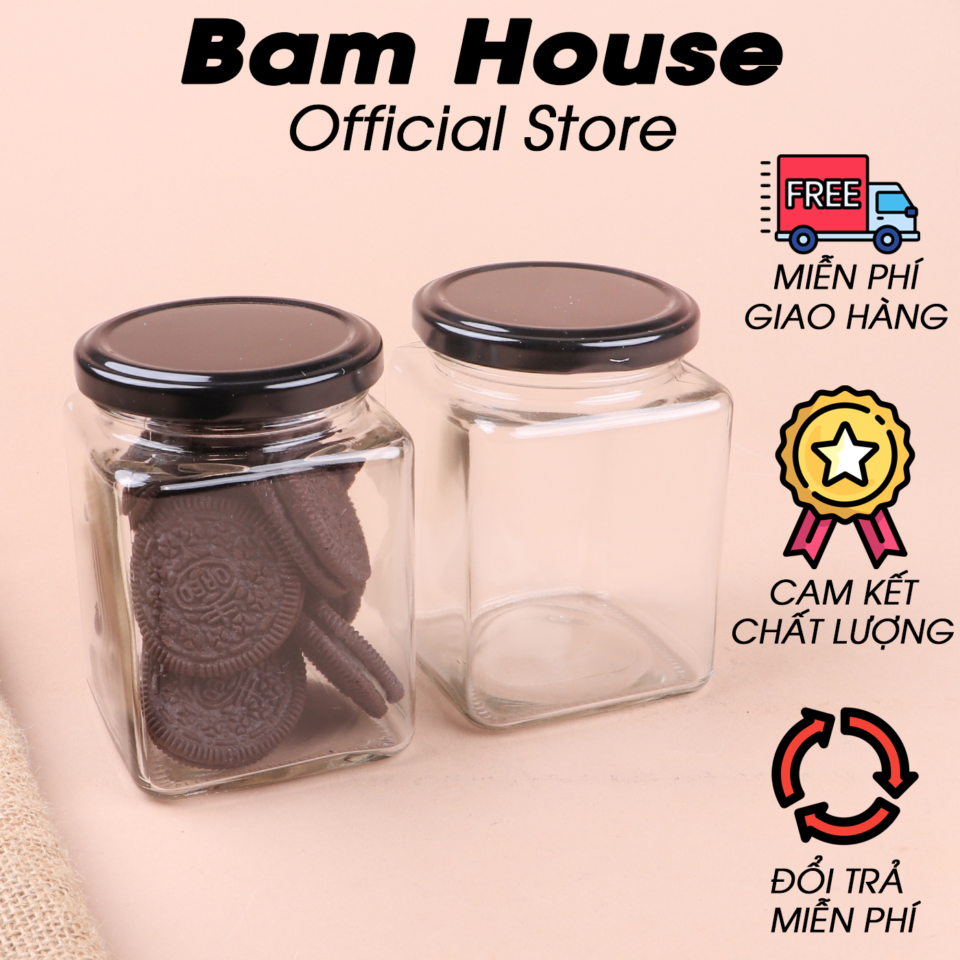 Hủ thuỷ tinh vuông 450ml Bam House có nắp nhôm giúp bảo quản gia vị và