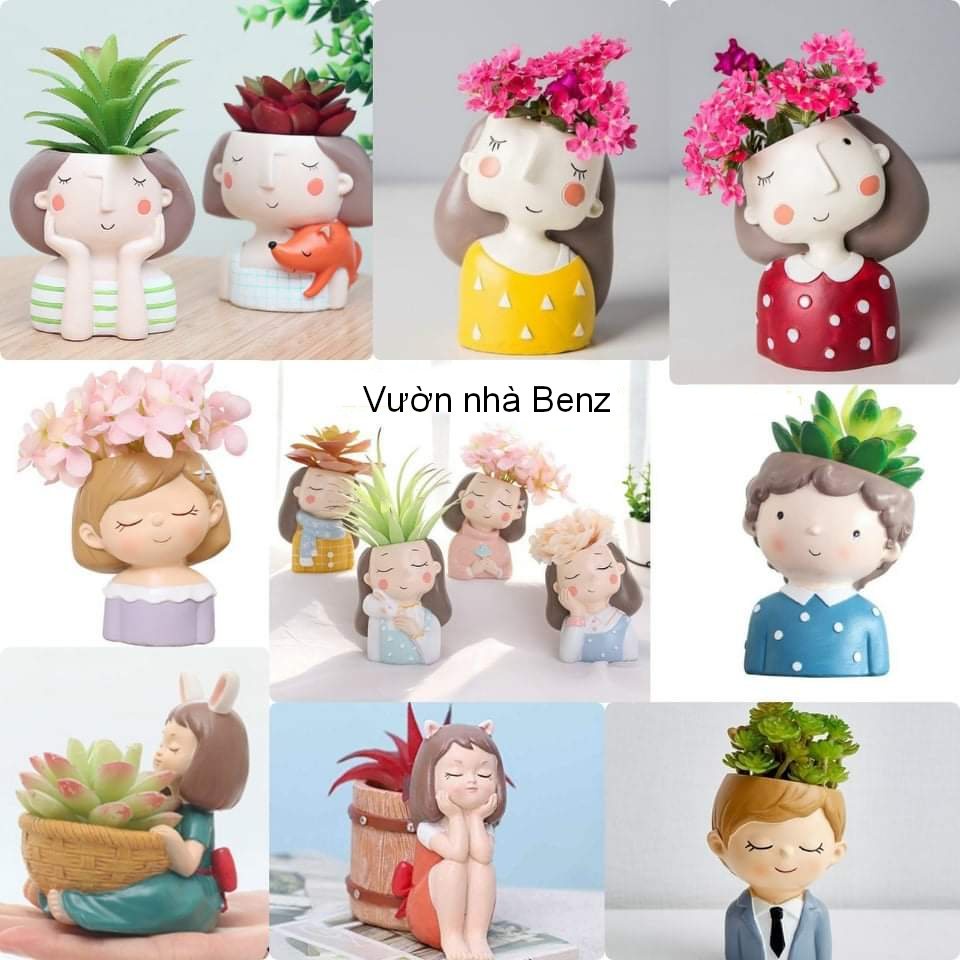 Chậu Cô Gái Mộng Mơ Tóc Ngắn Dễ Thương + Quà Tặng