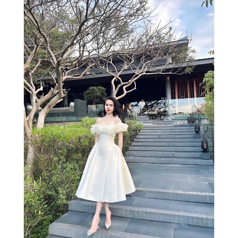 Đầm tafta dự tiệc hai dây trễ vai xòe bồng phối hoa voan bồng bềnh, dress công chúa nàng thơ tone trắng tinh khôi xinh