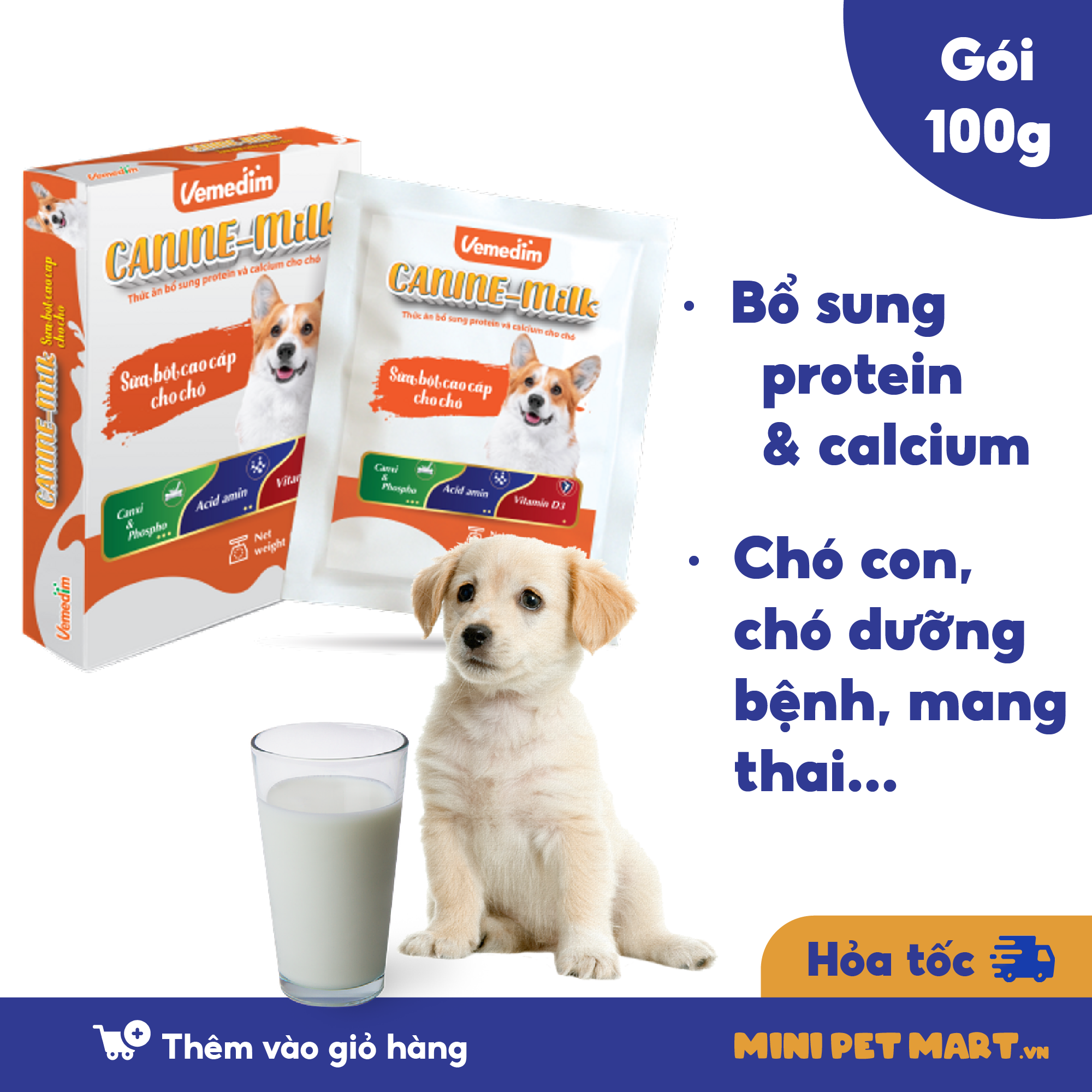 VEMEDIM CANINE MILK 100g Sữa Bột Bổ Sung Protein Và Calcium Cho Chó Con, Chó Mẹ Mang Thai, Chó Dưỡng Bệnh - Mini Pet Mart