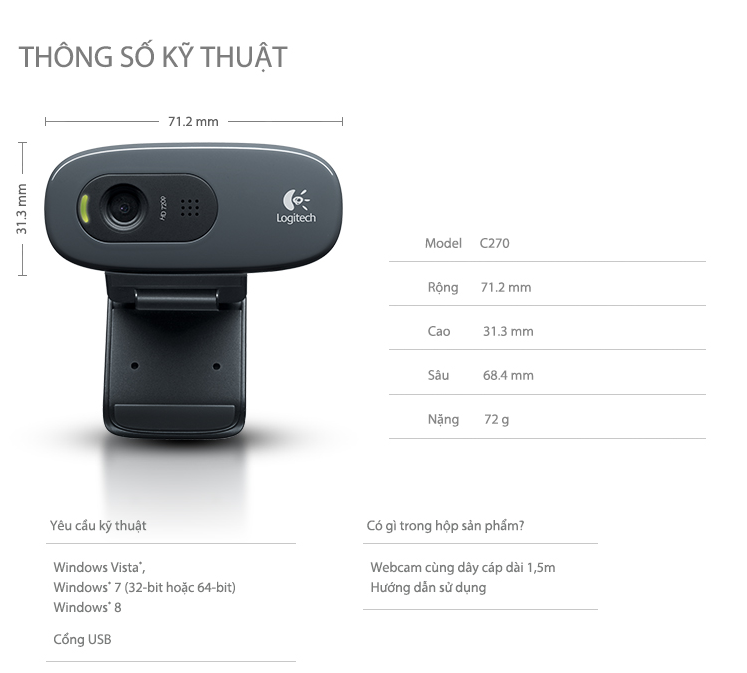 Webcam Logitech C270 HD 720P - Hàng Chính Hãng