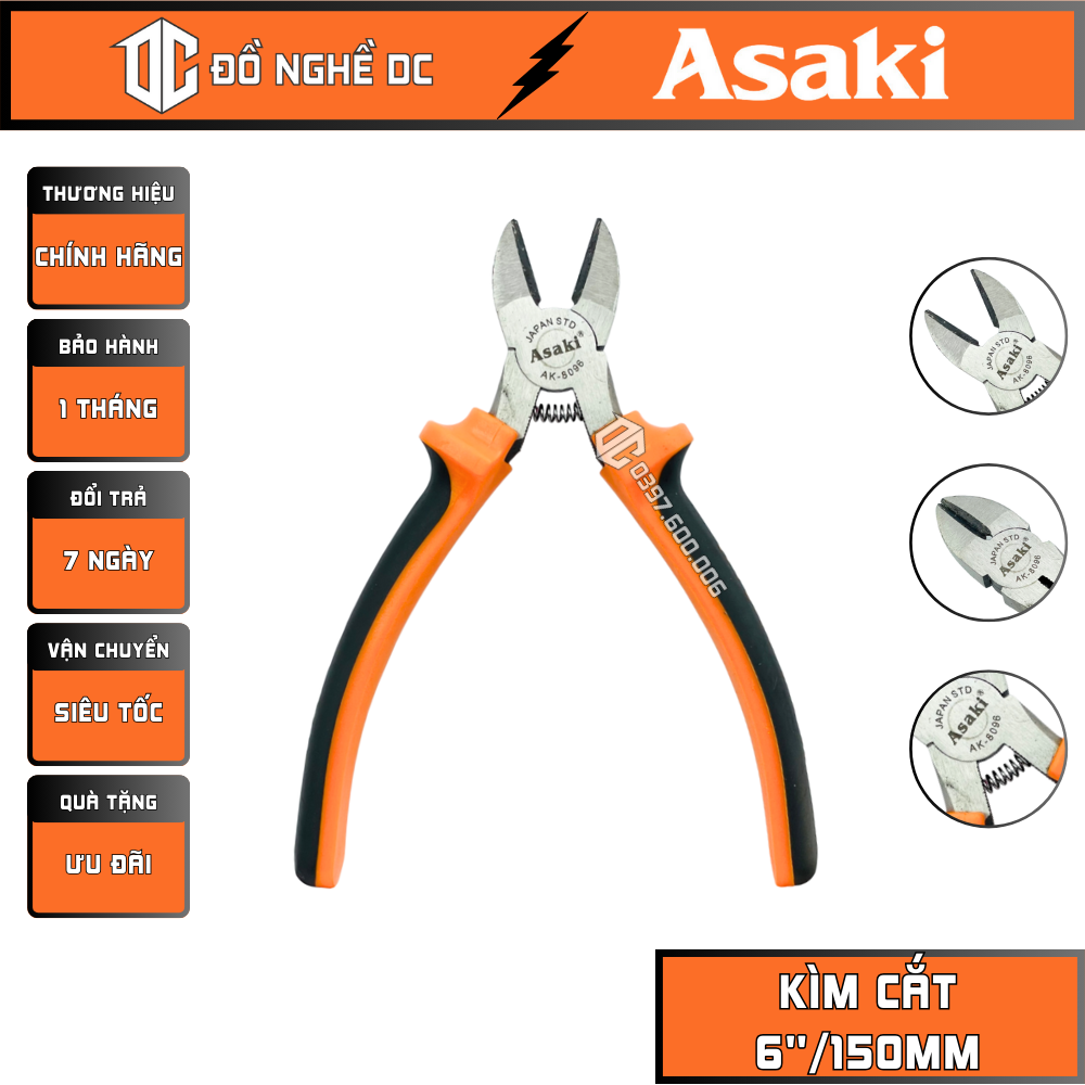 Kìm cắt, kềm cắt kiểu mỹ 6"/150mm asaki ak-8096 japan std chất liệu thép cứng không gỉ, cắt dây điện tiện lợi dễ dàng