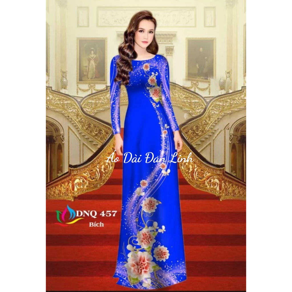 Áo dài in 3D màu xanh cô ban mẫu mới nhất - Áo Dài Đan Linh