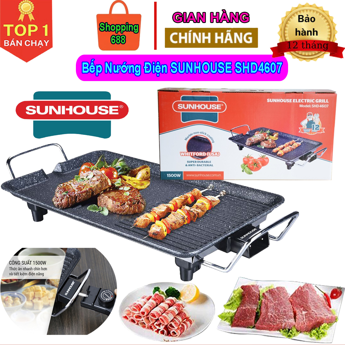 Bếp nướng điện sunhouse shd4607 công suất 1500w, bếp nướng điện không khói đa năng, bếp nướng điện, bếp nướng điện mặt đá, nồi nướng điện đa năng giá rẻ, bếp nuong ddien sunhuse, bếp nướng điện mini