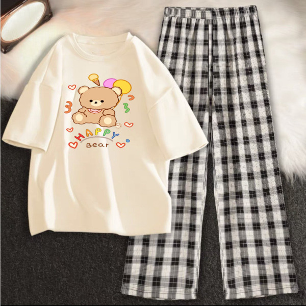 Sét bộ gấu nâu ngồi happy bear kèm quần kẻ màu