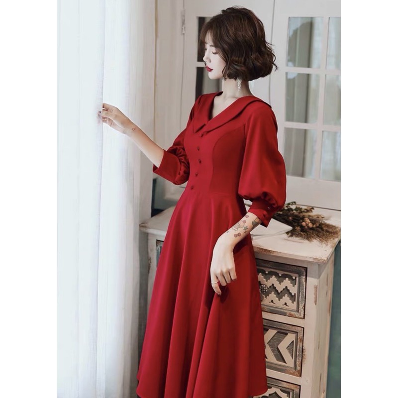 ĐẦM ĐỎ TAY DÀI, NÚT BỌC  (có ảnh thật) MS140
