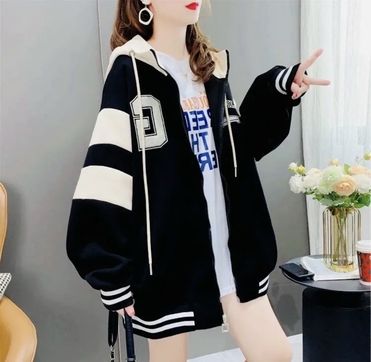 Áo khoác hoodie zip chất nỉ ngoại thêu chữ G , Phối Tay Sọc Nón Trùm Đầu - Áo hoodie zip unisex nam nữ from rộng chất nỉ 2 lớp cực xinh U37