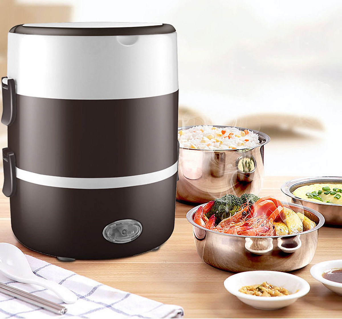 Nồi Cơm Điện Mini 3 Tầng Inox - Hộp Cơm Điện