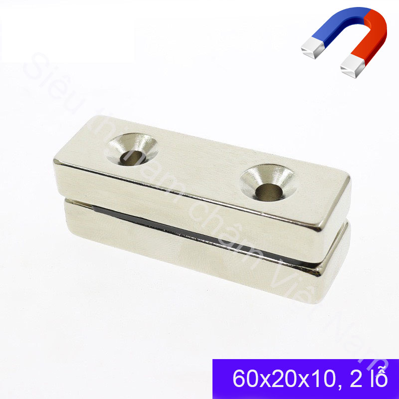 Nam châm 2 lỗ vít 60x20x10mm, nam châm màu trắng lực hút siêu mạnh, siêu hit hot