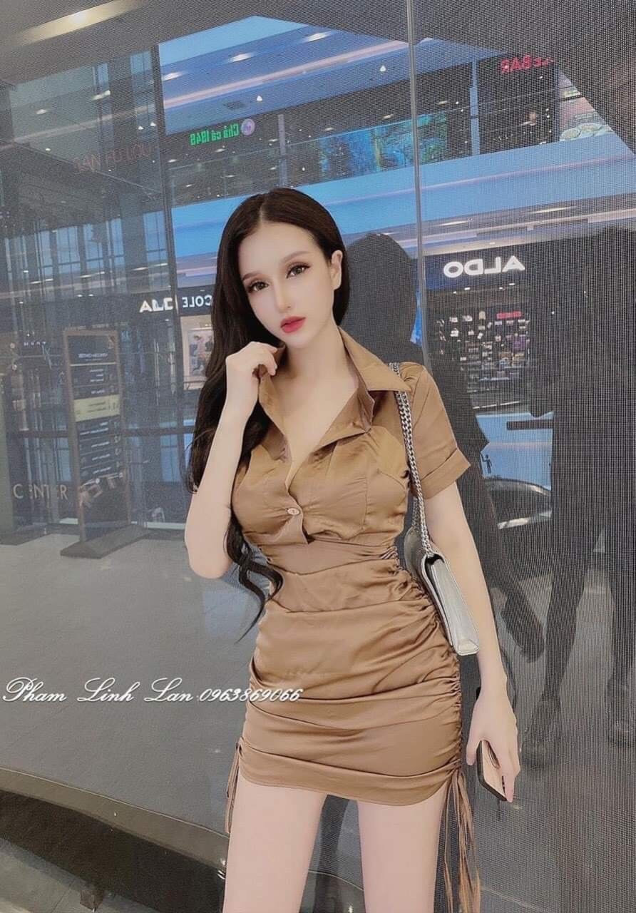 đầm nữ rút dây cổ sơ mi vải vải lụa satin