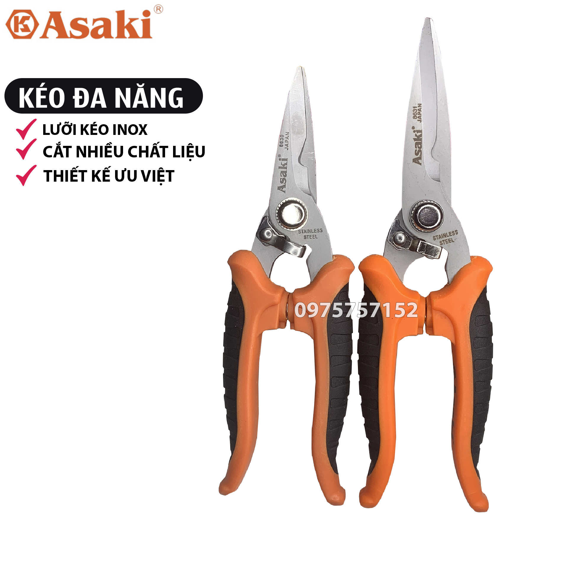 Kéo đa năng lưỡi Inox mũi thẳng Asaki JAPAN, kéo cắt lon, cắt giấy bìa dây, tuốt vỏ dây điện, cắt nhựa, tỉa cành cây, cắt dây thừng, kéo cắt cành, kéo tỉa dăm, thiết kế ưu việt, kéo cắt được nhiều chất liệu