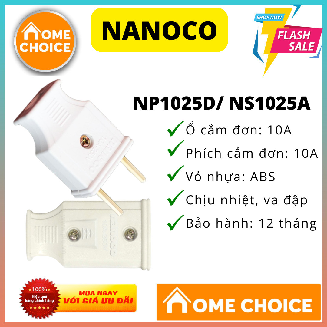 Ổ cắm, phích cắm đơn 2 chấu 10A, 220A NANOCO