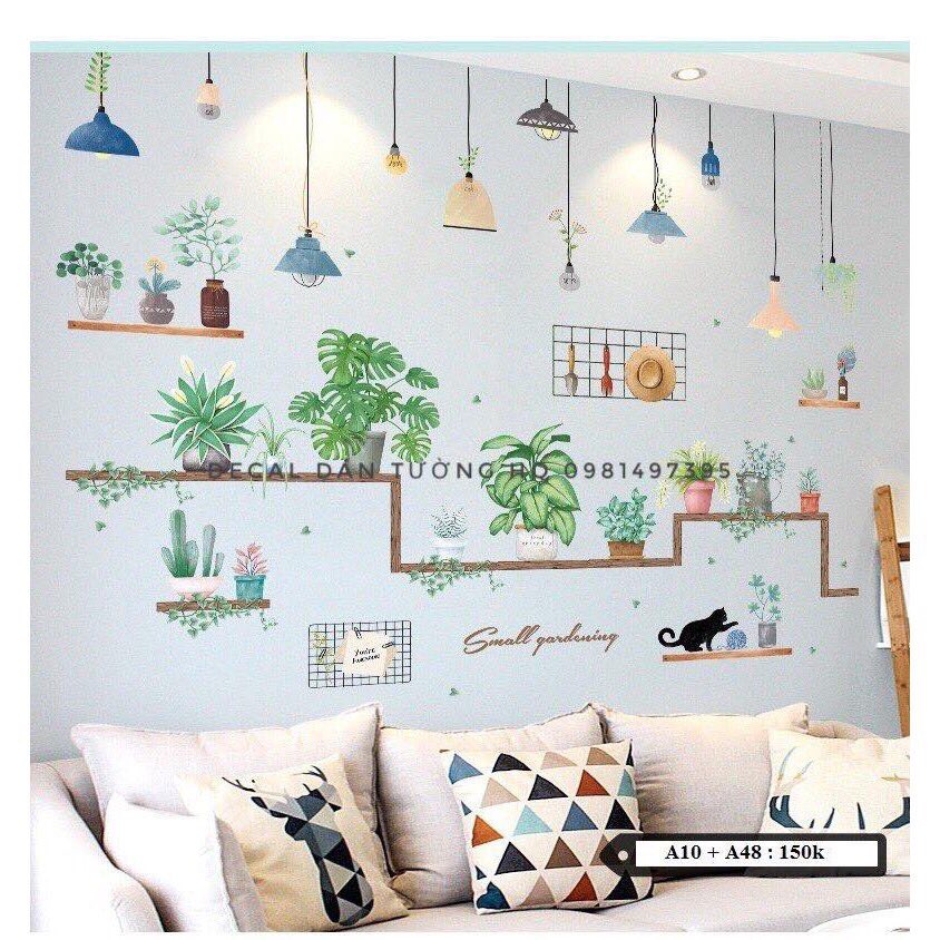 Decal dán tường chất lượng combo 2 bức decal dán tường mãu đèn kết hợp cây dụng cụ làm vườn