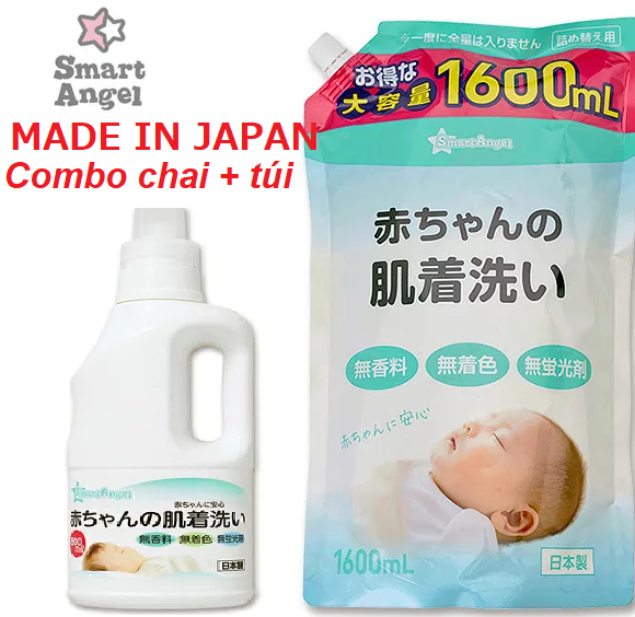 Combo Nước giặt cho bé Smart Angel Nhật Bản chai 800 ml+ túi 1600 ml