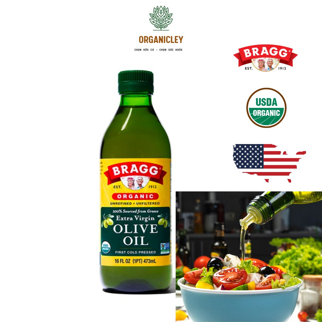 Dầu Olive Hữu Cơ Ép Lạnh 453ml Bragg Organic Olive Oil - Dầu Oliu Nấu Ăn