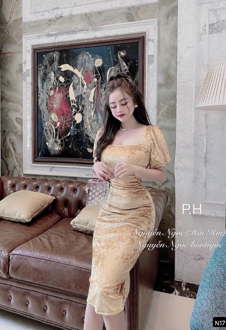Đầm nhung ôm body tay dài xếp ly phối bèo đẹp xuất sắc ld22