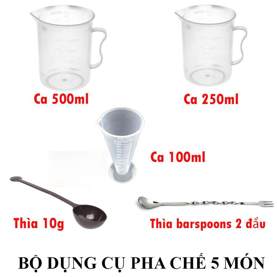 Combo bộ dụng cụ pha chế 5 món (ca 500-250-100ml, thìa 10g, thìa khuấy hai đầu)