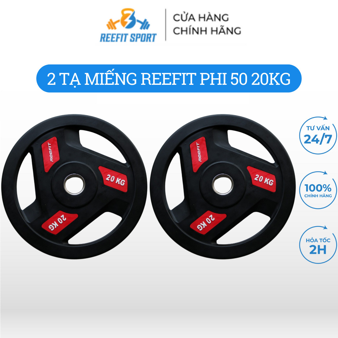 Bộ 2 Tạ miếng tạ bánh cao su 3 lỗ REEFIT 20kg phi 50 (2 miếng 20kg, tổng 40kg)