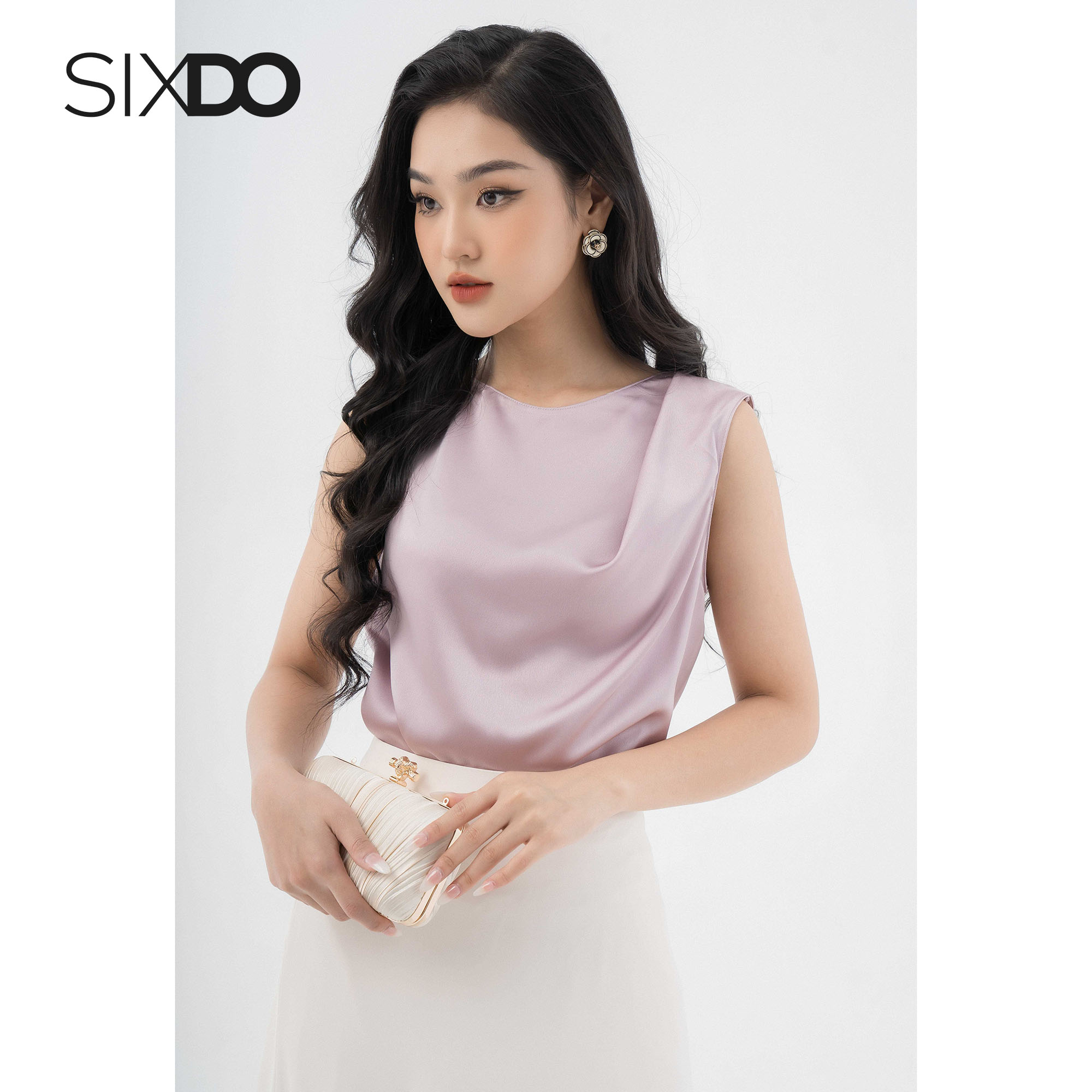 Áo lụa tím kiểu nữ sát nách SIXDO (Purple Sleeveless Silk Top)