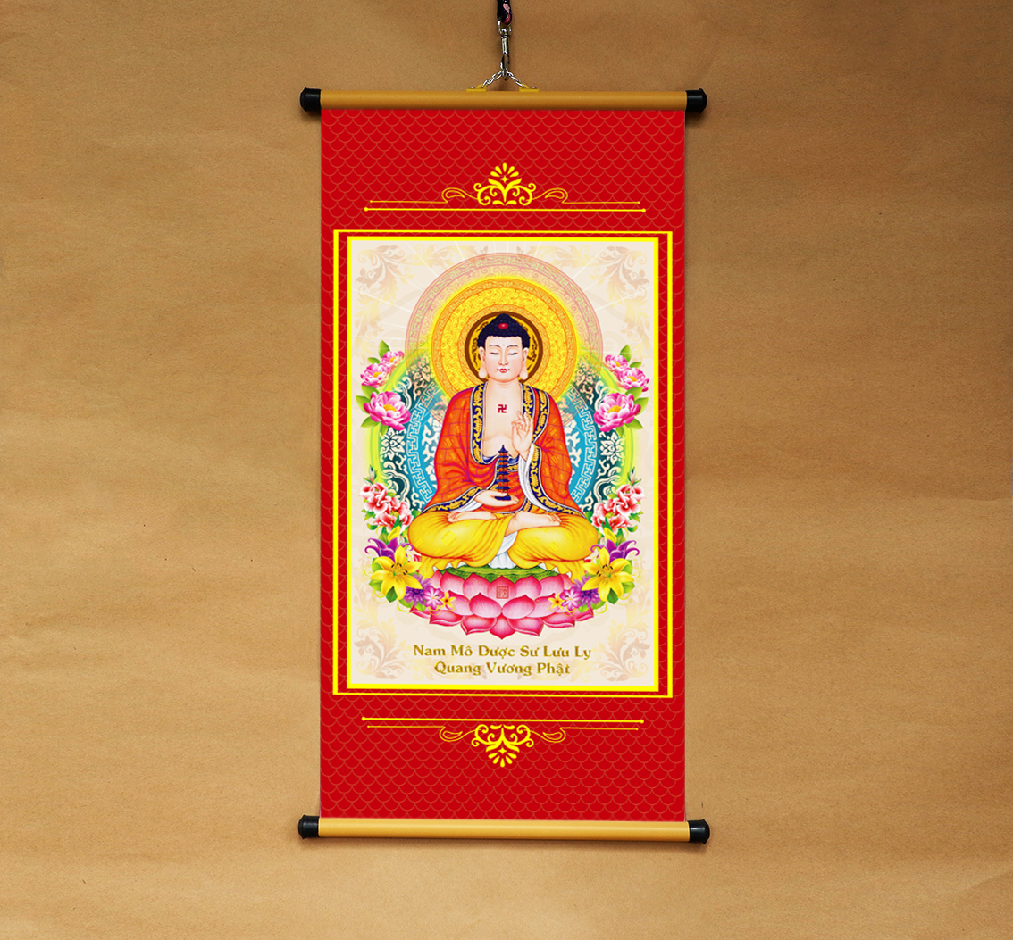 Tranh Phật Dược Sư treo tường bằng vải phủ bóng cao cấp dày dặn
