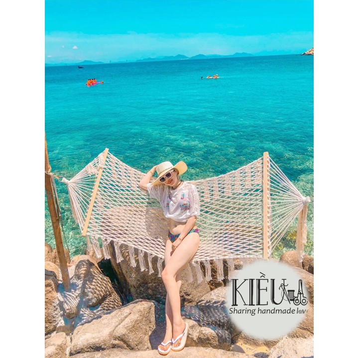 Võng lưới bãi biển macrame thủ công - Ảnh thật feedback