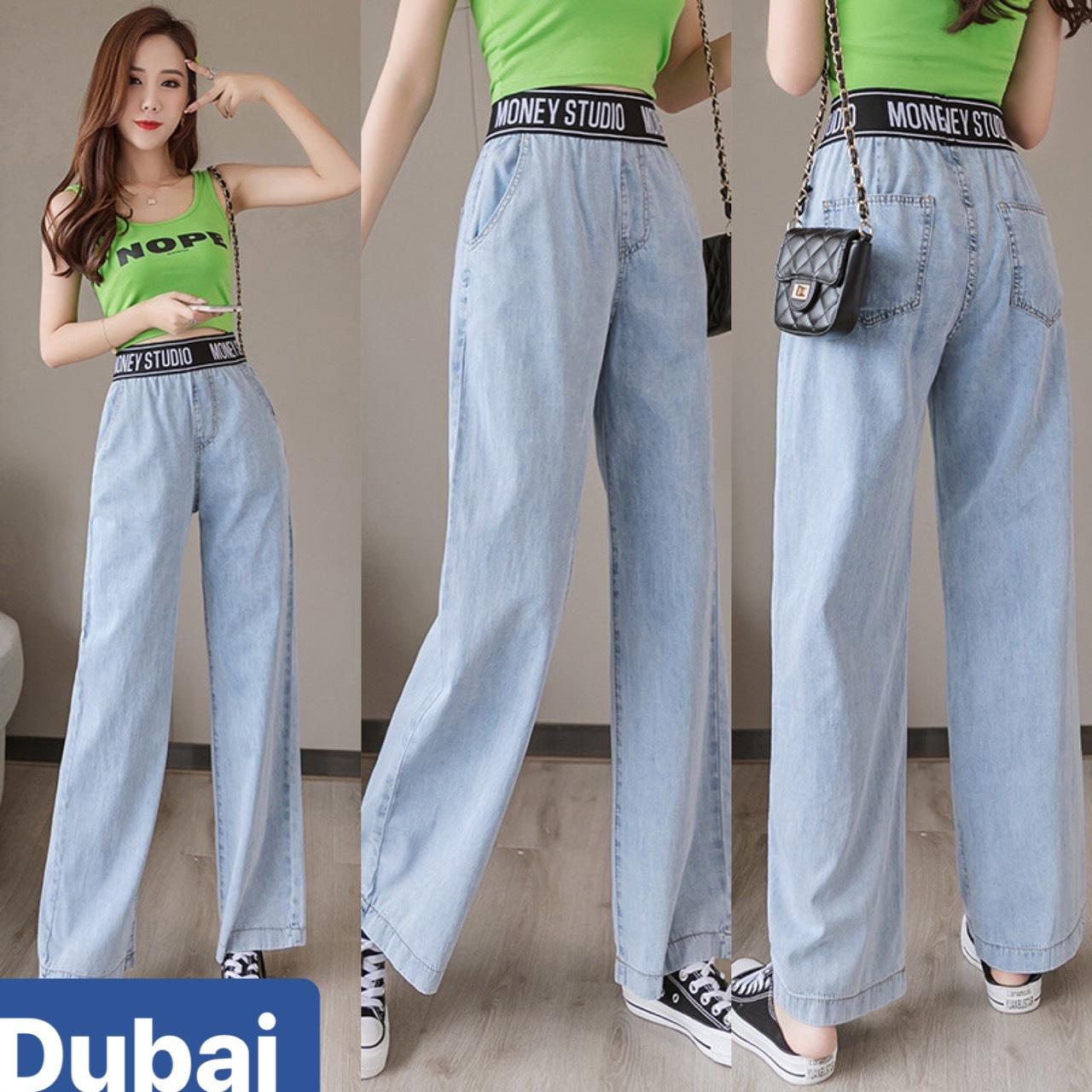 QUẦN BAGGY JEAN NỮ CHẤT BÒ XANH ỐNG SUÔNG RỘNG DÀI LƯNG THUN CHỮ LƯNG CAO NÂNG MÔNG HÀN QUỐC DB-28 CAO CẤP - DUBAI FASHION