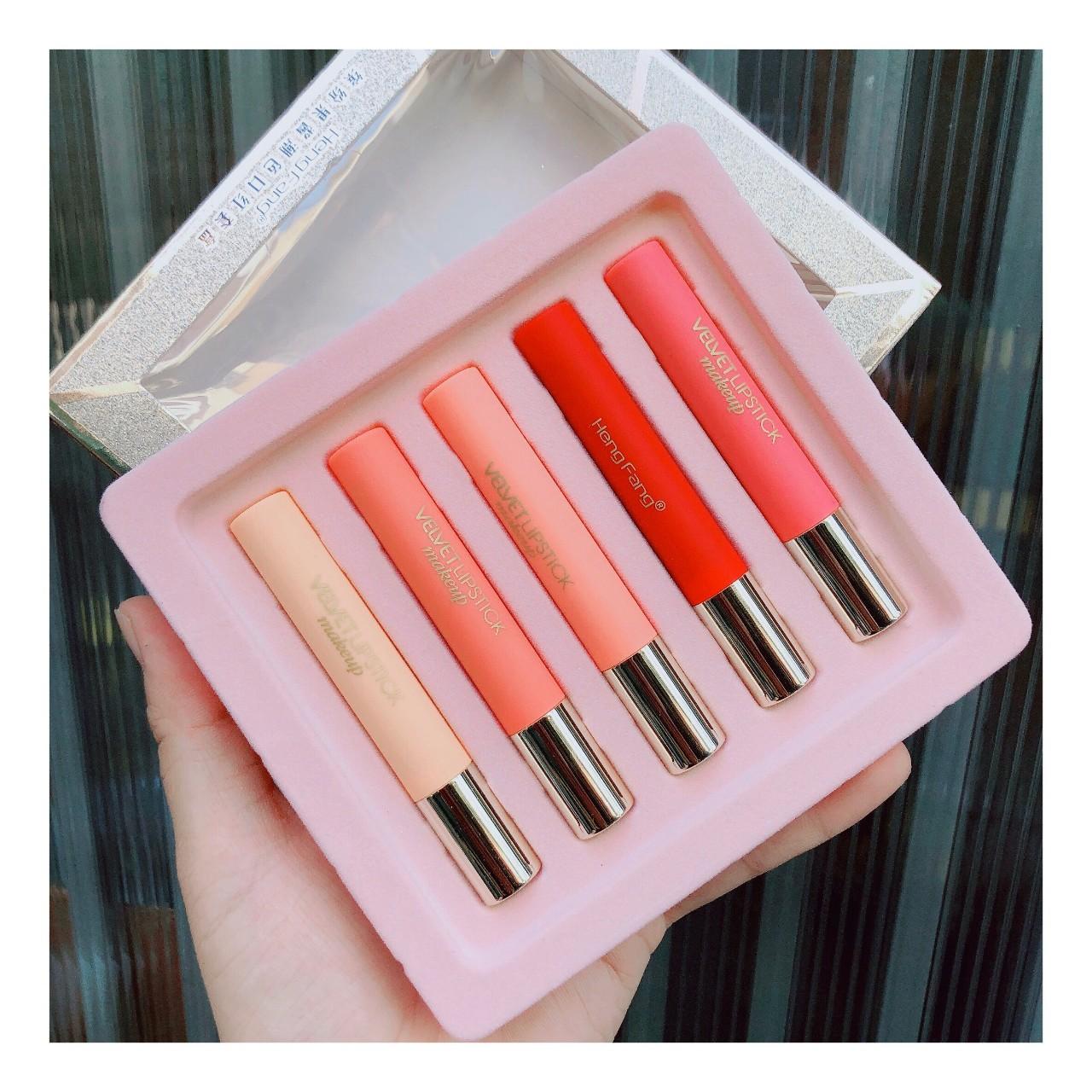 Set 5 cây son thỏi lì Hengfang Velvet makeup nắp vàng – Cavali – Son mềm mịn bám màu tốt tone màu trẻ trung năng động