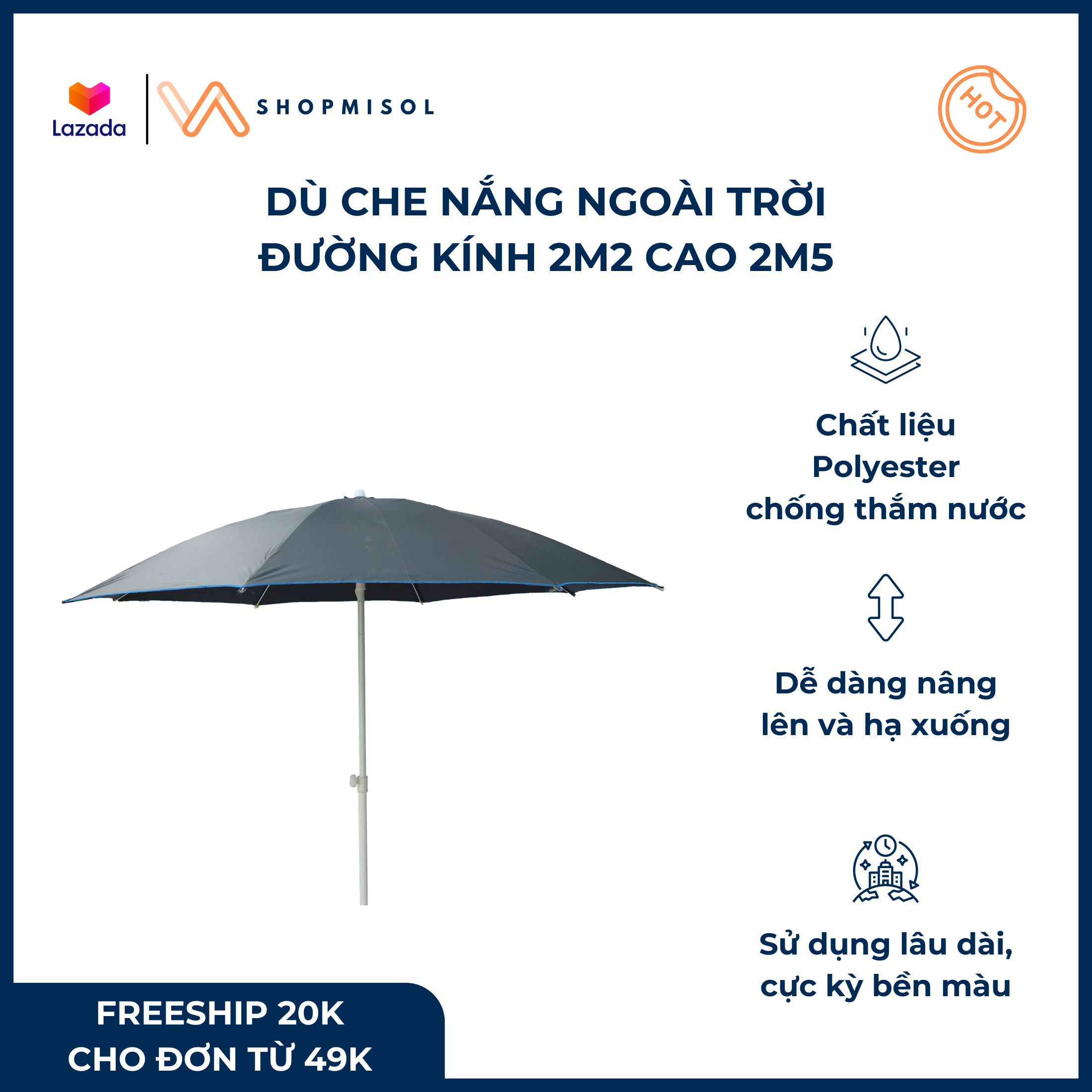 [HCM]Dù che nắng ngoài trời dù che nắng dù chính tâm loại lớn KHÔNG KÈM ĐẾ - Đường kính 2m2 cao 2m5 chất liệu Polyester chống thắm nước bền màu độ bền cao sử dụng lâu dài