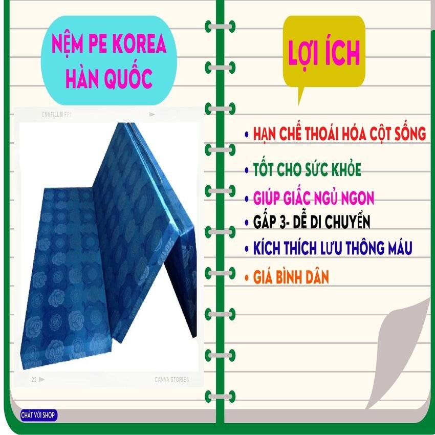 Nệm pe gấp 3 korea cao cấp 1m x 2m x 3cm tiện dùng gọn giao màu ngẫu nhiên