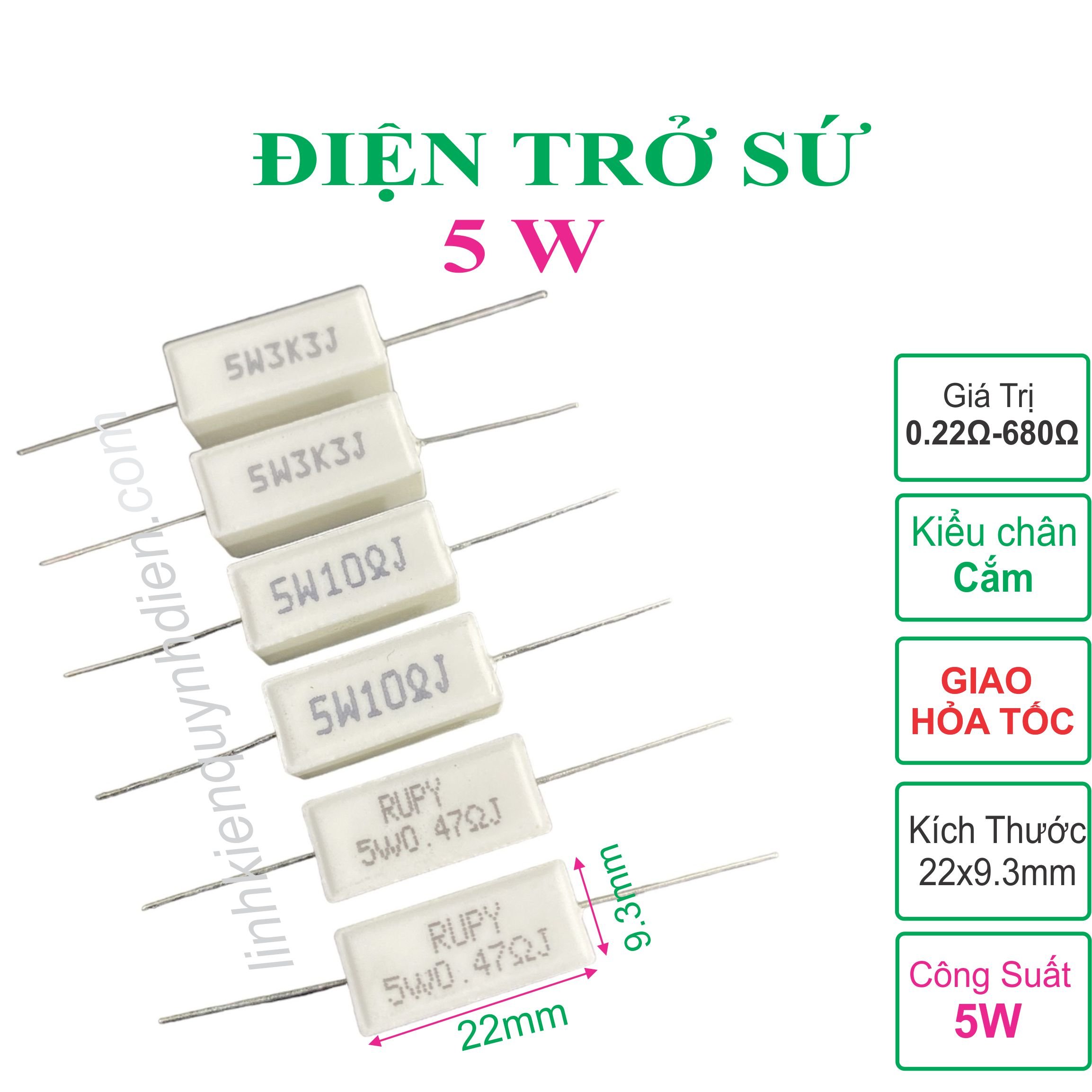 Combo 10 con điện trở cắm sứ trắng 5w +- 5% dáng nằm