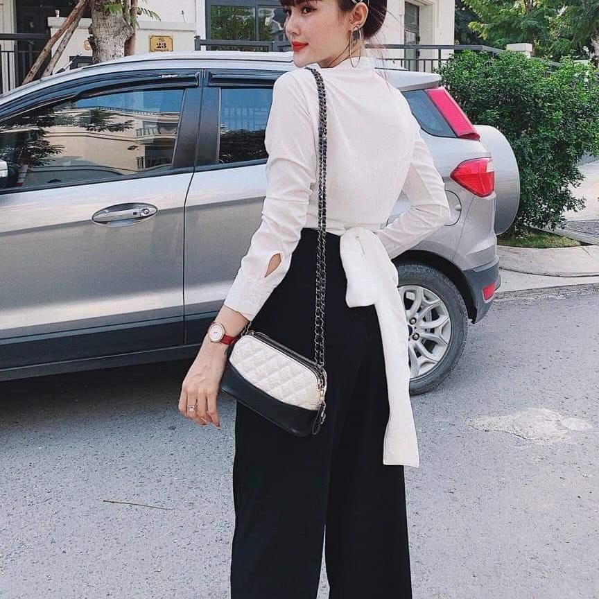 sét áo đắp chéo cột nơ quần ống suông
