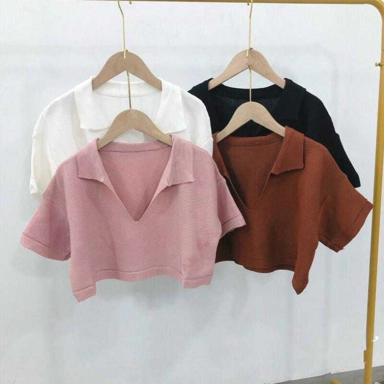 Áo croptop nữ trơn kiểu cổ sơ mi