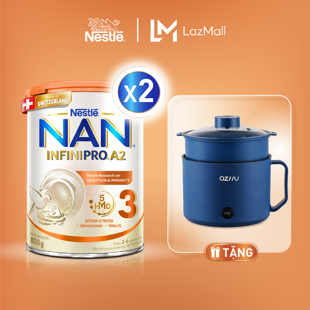 [CHỈ 20H 10.11-30.11 - SLCH] Bộ 2 Lon Sữa bột Nestlé NAN INFINIPRO A2 3 800g nhập khẩu Thụy Sĩ với đạm quý A2 & 5HMO giúp tiêu hóa tốt, đề kháng khỏe + Tặng Nồi Lẩu Mini Điện Đa Năng 1.5L