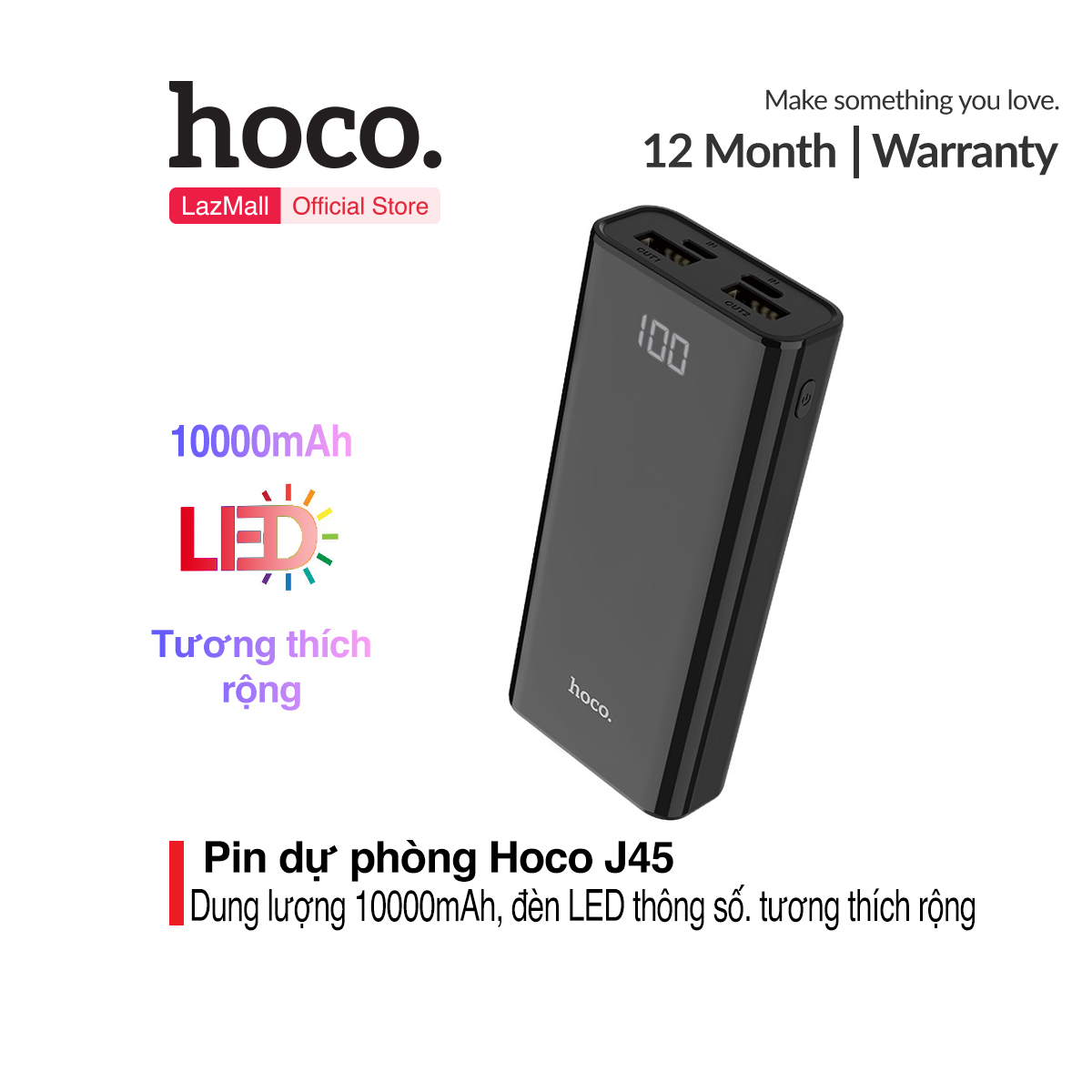 Pin sạc dự phòng Hoco J45 dung lượng  khủng  10000mAh sạc nhanh 2 cổng USB 5V/2A Max tích hợp đèn pin màn hình LCD và 2 cổng vào cao cấp