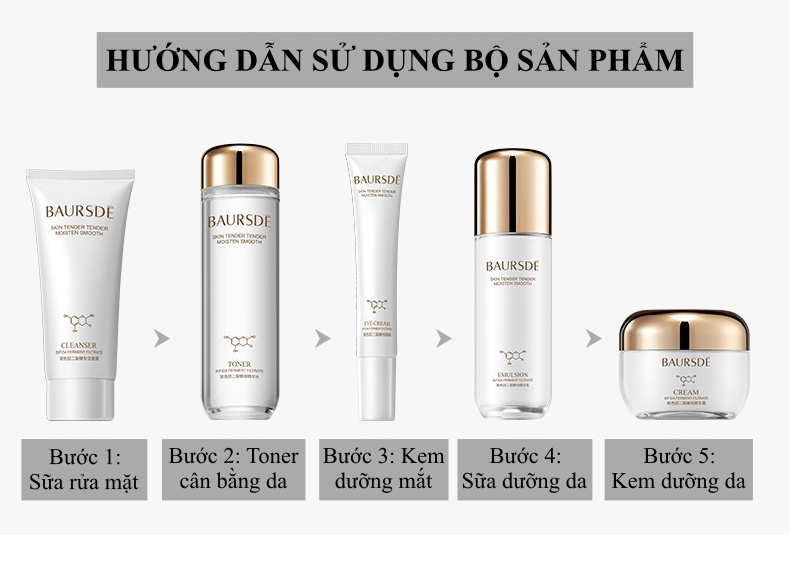 Bộ sản phẩm dưỡng trắng da mặt BAURSDÈ 5 món: Sữa rửa mặt+Nước cân bằng da+Serum dưỡng ẩm+Sữa dưỡng ẩm+Kem dưỡng da giúp cấp ẩm, sáng da, chống lão hóa, trọn bộ skincare mỹ phẩm dưỡng da, chăm sóc da mặt cao cấp SPU182