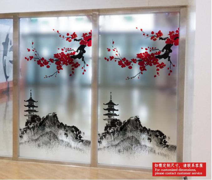 [HCM]Decal Dán Kính Cao Cấp - Tháp Núi và Cành đào đỏ( 60 X116 )-DK1057
