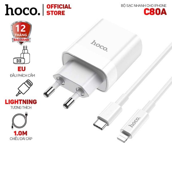 Bộ sạc nhanh Hoco C80A 1 cổng USB + 1 cổng Type-C 3.1A QC3.0 20W kèm cáp lightning dài 1.0m
