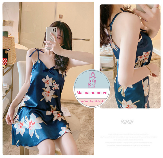 VÁY/ĐẦM NGỦ 2 DÂY HOA XANH LỤA SATIN [Maimaihome]