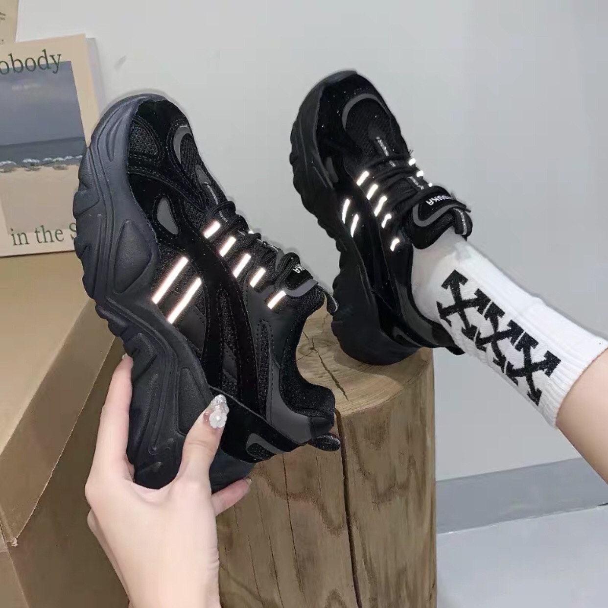 Giày Ulzzang,Sneaker nữ 2 vạch phản quang đế kiểu mới Đủ 3 màu