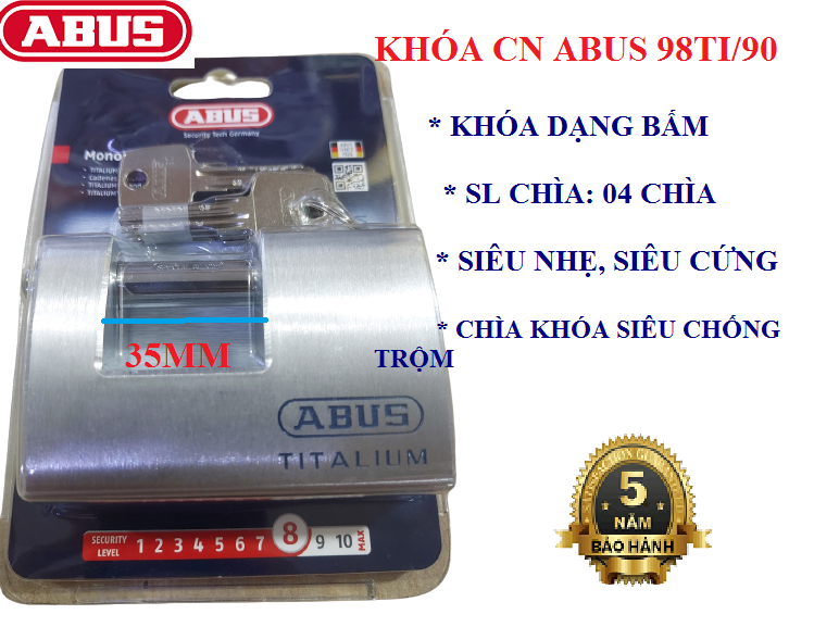 Khóa cầu ngang abus 98ti/90 thân titalium rộng 90mm - bh 5 năm