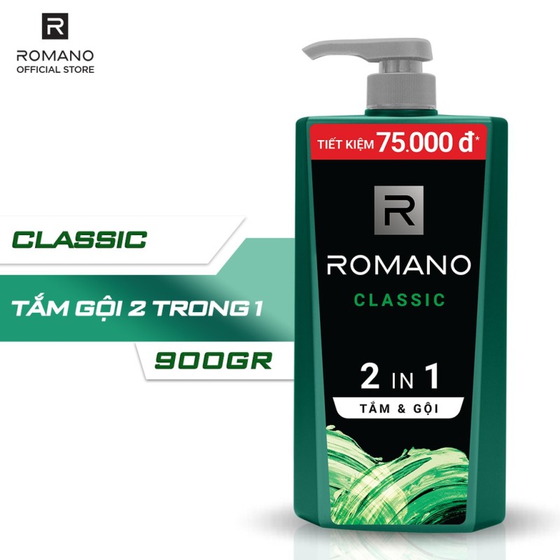 Dầu tắm gội 2in1 Romano Classic chai 900g nhập khẩu