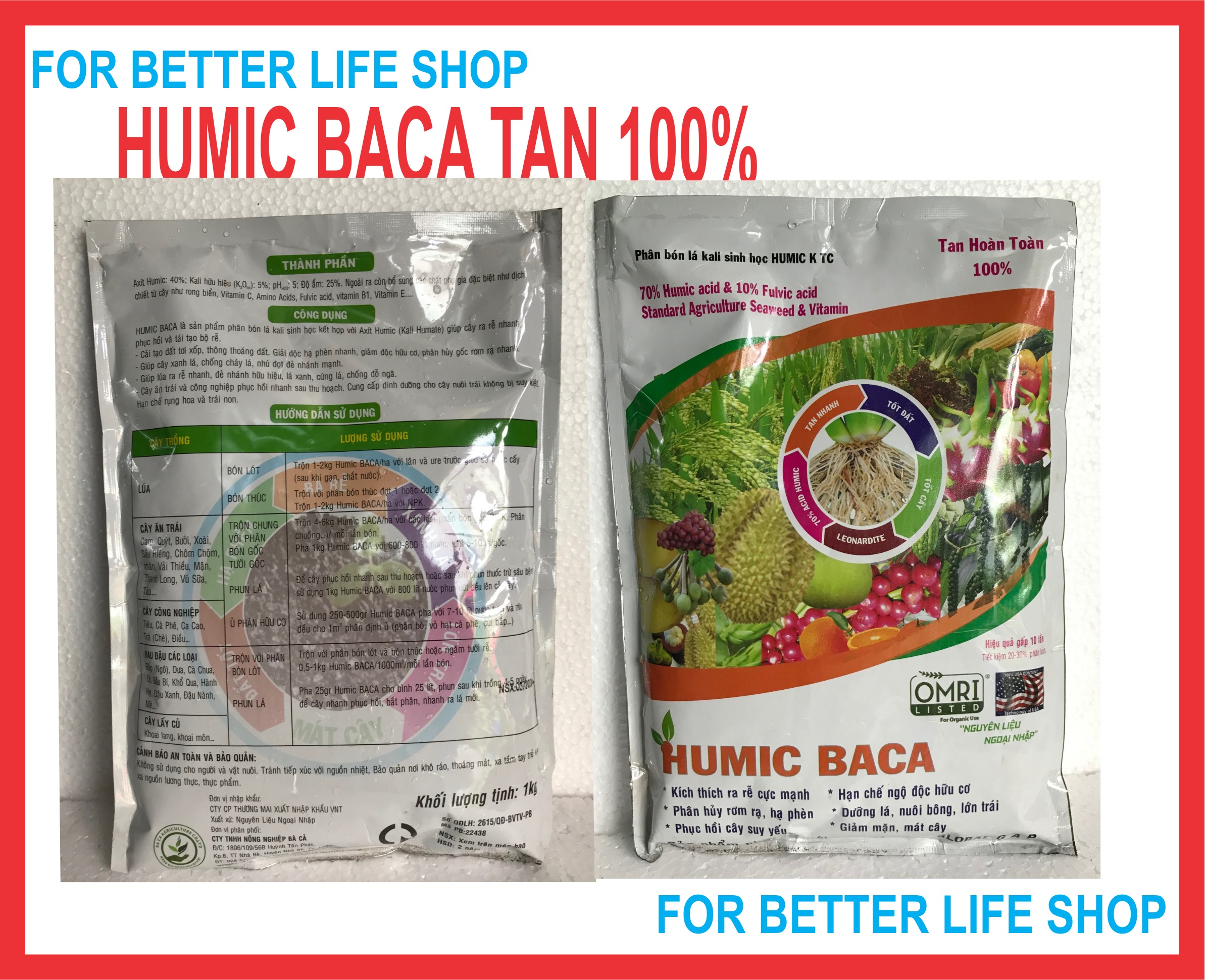 Phân bón Nguyên Liệu Nhập Khẩu Mỹ HUMIC BACA Ra rễ cực mạnh, Xanh Lá, Mát Bông, Lớn Trái, hạn Chế ngộ độc Phèn, hửu cơ (1kg)