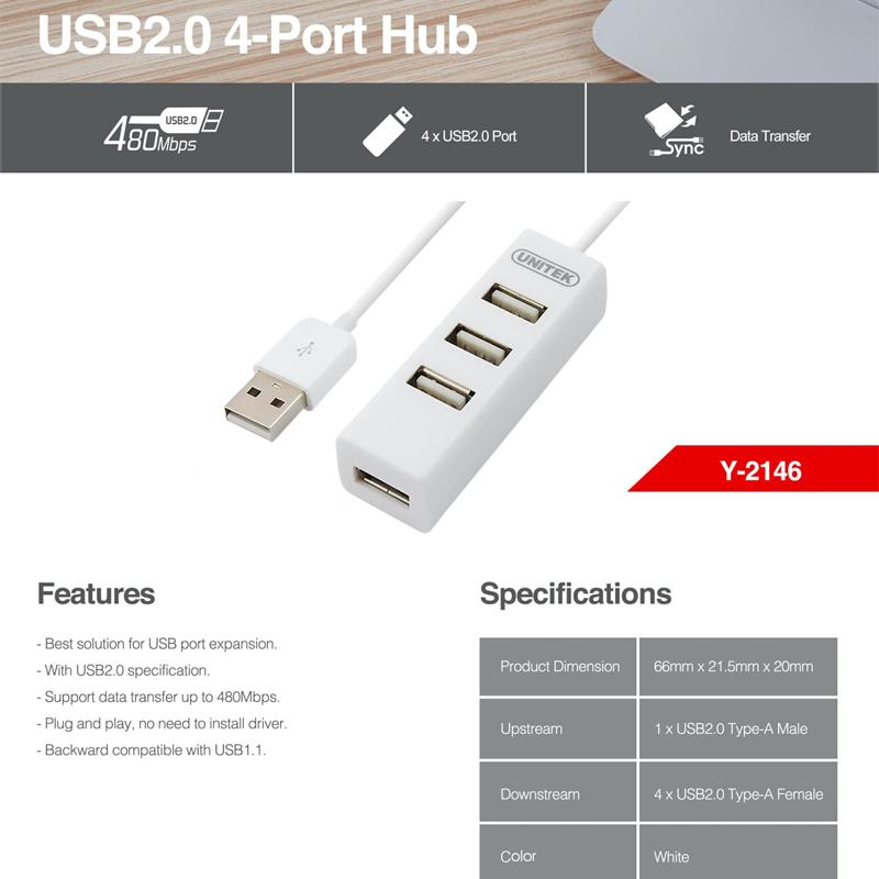 HUB chia USB 2.0 Unitek Y-2146 từ 1 ra 4 cổng USB - siêu gọn (Trắng) - Nhất Tín Computer