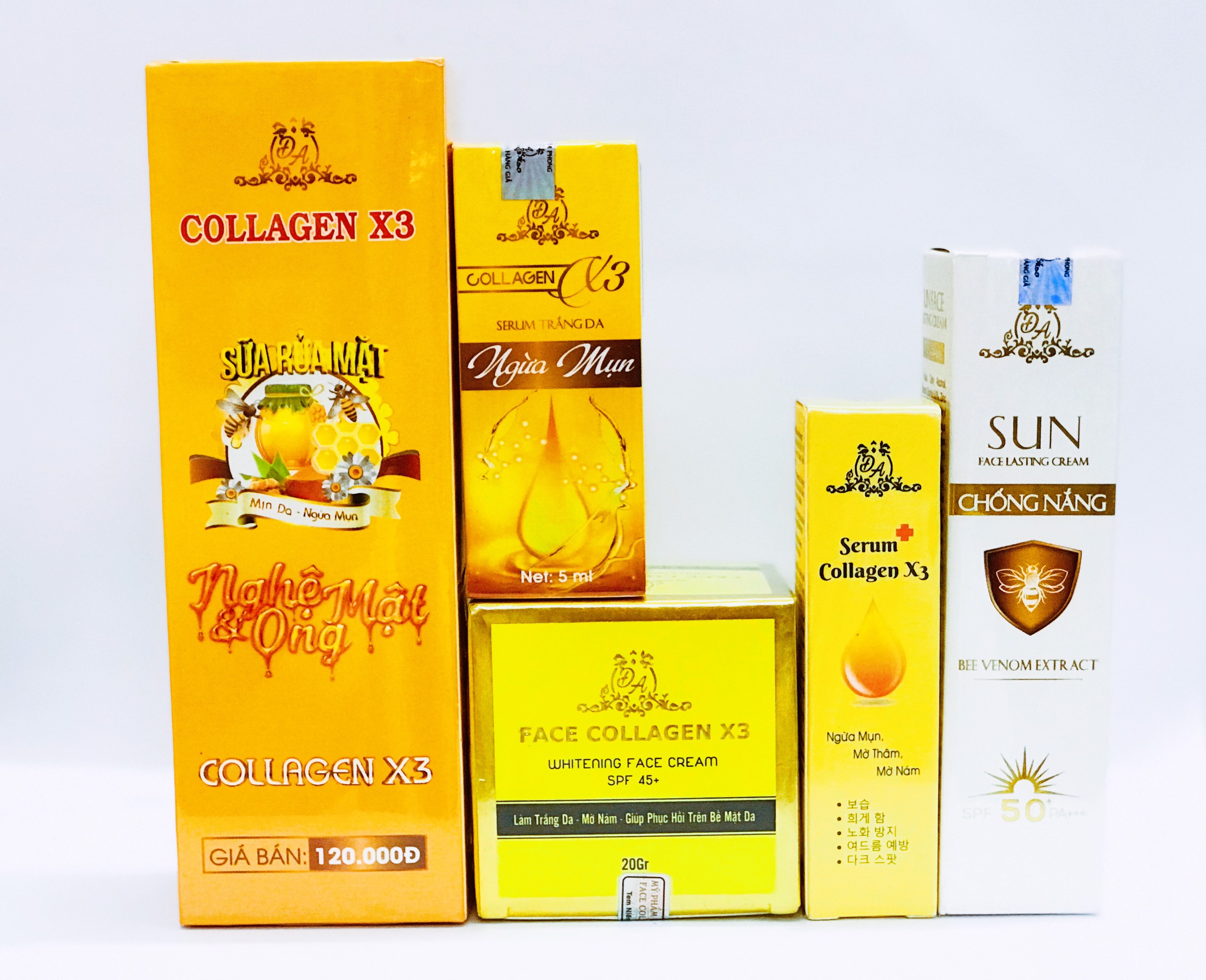Combo Kem face + Serum Mụn + Serum X3 + Sửa rửa mặt Nghệ + Kem Chống nắng Collagen X3 Đông Anh